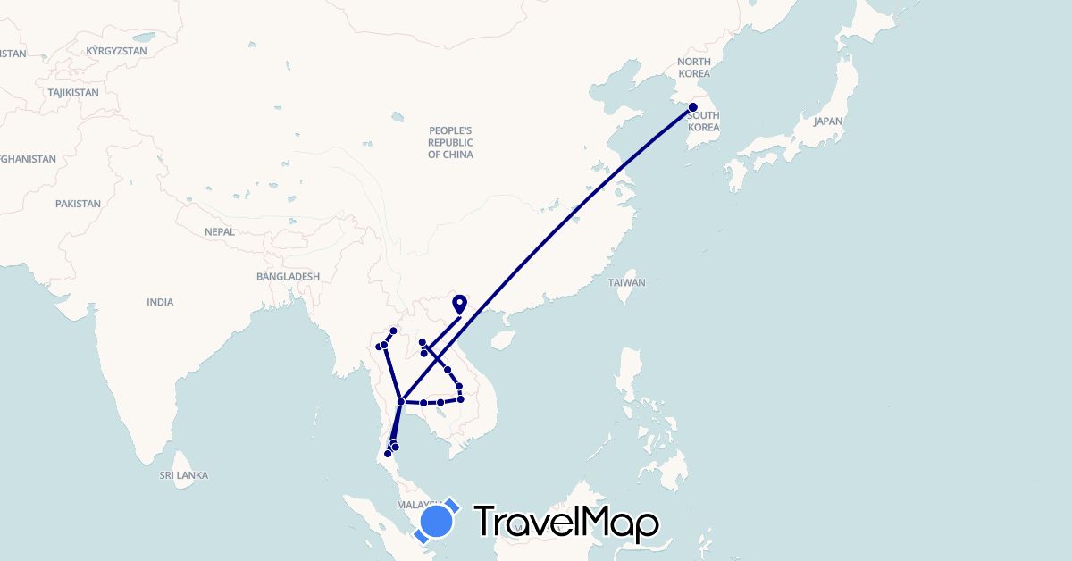 TravelMap itinerary: driving in Cambodia, South Korea, Laos, Thailand, Vietnam (Asia)